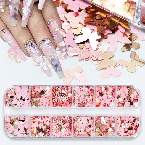 12Grids Valentine's Day Nail Glitter Sequins Holographic Gold Pink Heart Nail Art Glitter Flakes 3D Flower Rabbit Butterfly Charm Nail Sequins Gli...