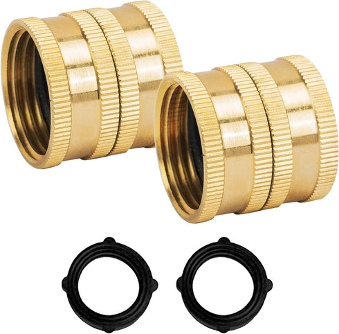 Hourleey Garden Hose Adapter, 3/4 Inch Solid Brass Hose Connectors, 2 Pack Hose Connector with 2 Extra Washers (Female to Female)...