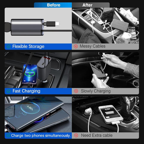 Retractable Car Charger, 4 in 1 Retractable Car Charger, 100W Dual Ports Fast Charger, Cigarette Lighter Car Charger for iPhone 15/14/13/12/11, iP...