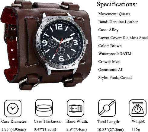 JewelryWe Black Brown Hip-hop Gothic Punk Style Men Watch Wide Leather Fashion Cuff Wristwatch for Halloween...