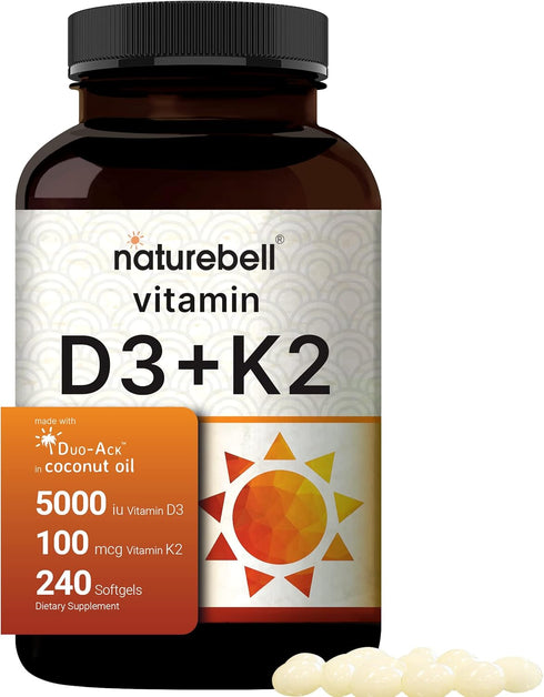 NatureBell Vitamin D3 5000 K2 (MK7) with Virgin Coconut Oil, 240 Softgels, 100mcg, 2 in 1 Support, Duo-Ack | 8 Months Supply | Third Party Tested,...