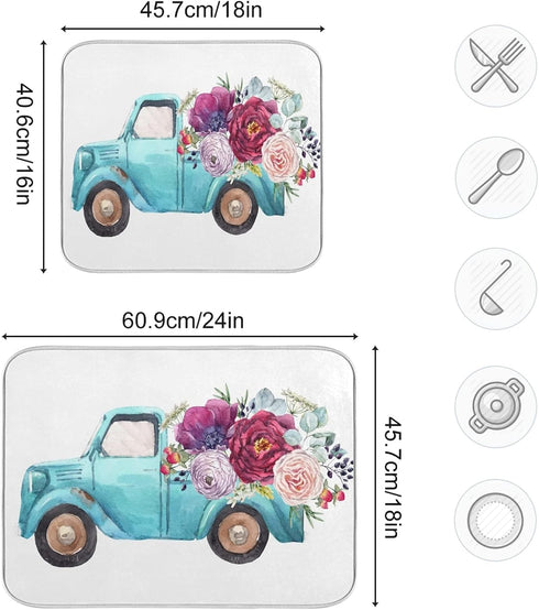 ALAZA Blue Trolley Truck Purple Rose Flower Dish Drying Mat for Kitchen Ccounter Absorbent Microfiber Small Drying Pad Dish mats for Kitchen Count...