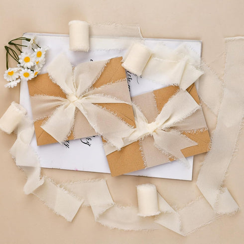 1.57" x 32Yard Chiffon Silk Ribbon Ivory White Ribbons Set 8 Yd x 4 Rolls Fringe Fabric Eco-Friendly for Wedding Invitations, Bridal Bouquets, Dec...
