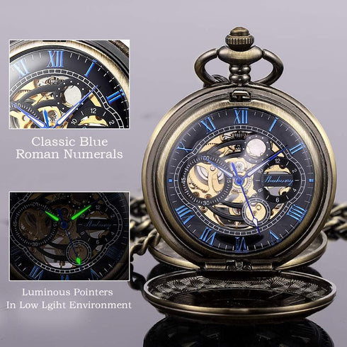 SIBOSUN Pocket Watch Skeleton Mechanical Double Case Hand-Wind Roman Numerals Antique Chain Mens...