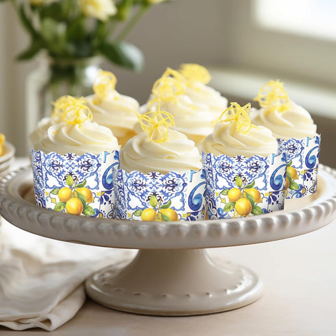 100Pcs Blue Tile Lemon Paper Baking Cups Yellow Blue Lemon Cupcake Wrappers Scalloped Edge Cupcake Muffin Cases for Summer Lemon Party Supplies...