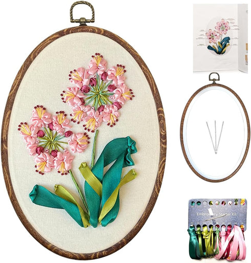 FONNUY Ribbon Embroidery 3D Flowers Pattern Design Kit Embroidery DIY Handwork Set Oval Home Decoration (Pink Crabapple)......