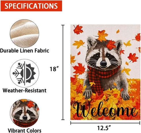 Welcome Fall Maple Leaves Garden Flag 12.5x18 Inch Double Sided, Seasonal Raccoon Autumn Rustic Yard Outdoor Decoration...
