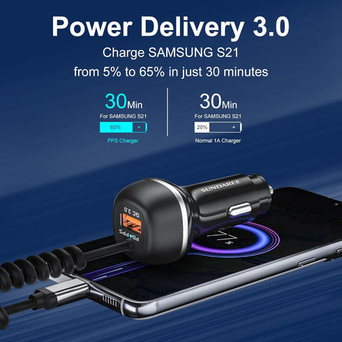 SUNDAREE USB C Car Charger, 51W Fast Car Charger Adapter+5ft Type C Cable for Samsung Galaxy S23 S22 S21 S20 S10 Note 20 A10E A20 A50 A51 A01 A71 ...