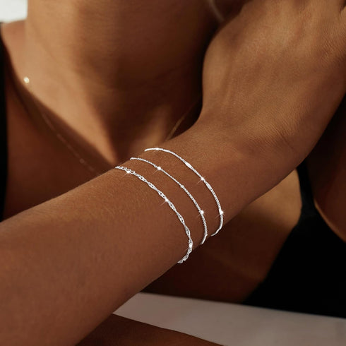 Silver Bracelets for Women, Dainty Stackable Silver Bracelets for Women Trendy Sparkling Waterproof Bracelet Set Gold Adjustable Bracelet Pack Jew...