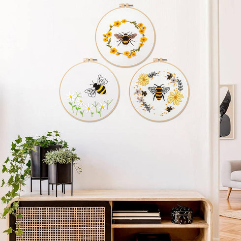 Lukinbox Embroidery Kit for Beginners Adults, 3 Sets Cross Stitch Starter Kits Include 3 Stamped Embroidery Clothes with Floral and Bee Pattern, 1...