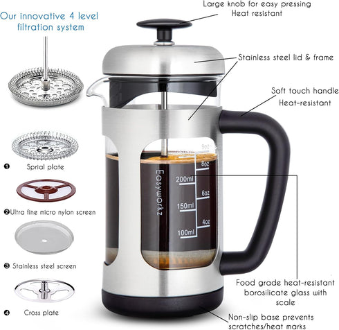 Easyworkz Stainless Steel French Press 12 oz Coffee Tea Maker with Soft Grip Handle...
