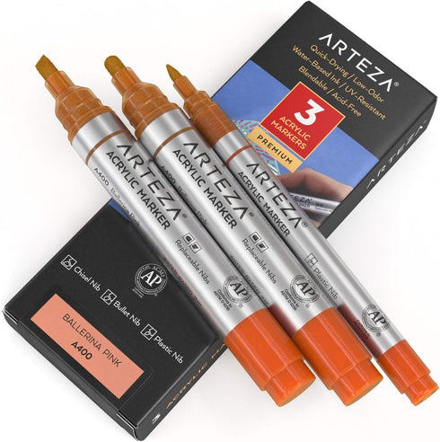 ARTEZA Acrylic Paint Markers, Pack of 3, A400 Ballerina Pink, 1 Thin and 2 Thick, Chisel + Bullet Nib, Paint Pens for Canvas, Rock, Glass, Wood...