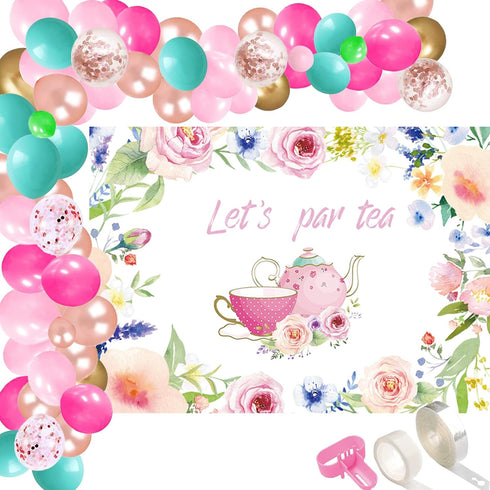 115 Pcs Let's Par Tea Party Supplies 5x3 FT Tea Time Photography Backdrop Floral Tea Balloons Arch Garland Kit for Teapot Teacups High Tea Themed ...