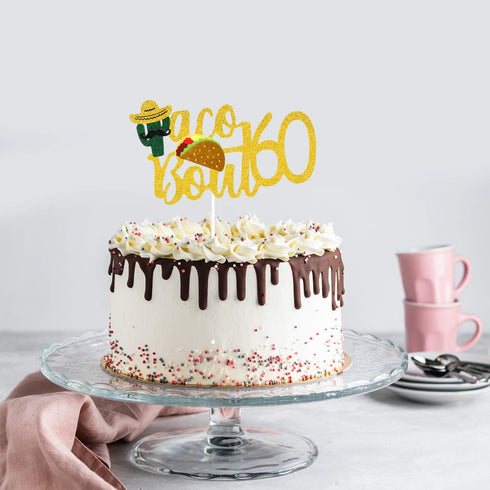 Taco Bout 60 Birthday Cake Topper - Fiesta 60th Birthday Party Glitter Taco Cactus Cake Supplies - Fabulous Sixty - Mexican Summer Fiesta Party De...