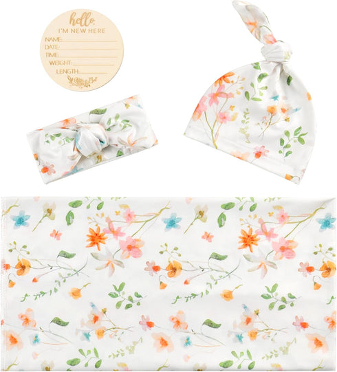Baby Receiving Blanket Swaddle Blanket Infant Wrap with Matching Headband Beanie and Name Card (Green Leaf Flower)...