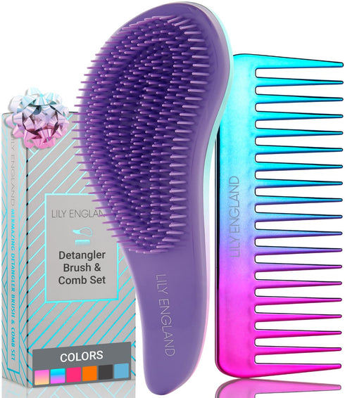 Lily England Detangler Brush & Hair Comb Set - Lightweight Hair Brush & Wide Tooth Comb for Women & Kids - Smooth Detangling Brush & Comb for Curl...