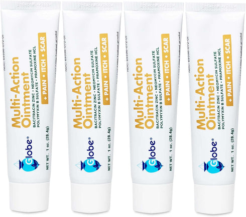 Globe (4 Pack) First Aid Antibiotic Scar Minimizing Pain-Relief, Anti-Itch Ointment with Neomycin, Bacitracin Zinc, Pramoxine HCl & Polymyxin B, f...