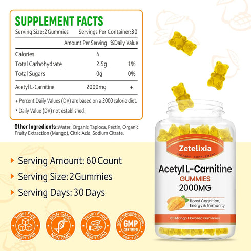 Acetyl L-Carnitine Gummies 2000mg, L-Carnitine Supplement for Promote Fatty Acids Oxidation, Nutrition Supplement for Boost Energy, Immunity & Met...