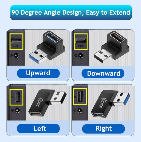90 Degree USB 3.0 Male to Female Adapter, (4 Pack) Up and Down & Left and Right Angle USB A Extender Connector for PC, Laptop, Hard Drive, Keyboar...