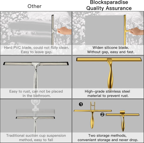 peafowl 14 inch Shower Squeegee Stainless Steel Bath Squeegee for Shower Glass DoorsBathroom Windows Kitchen Mirror and Car Glass with Hooks Holde...