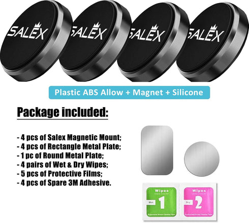 SALEX Magnetic Phone Mount 4 Pack. Black Flat Cell Phone Holder for Car Dashboard, Wall, Truck. Universal Stick on iPad Wall Magnet Mount for Tabl...