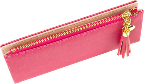 SUMGOGO Slim Wallet for Women Long Tassel Zipper Clutch Purse Handbag Card Case Wallet (rose red)...