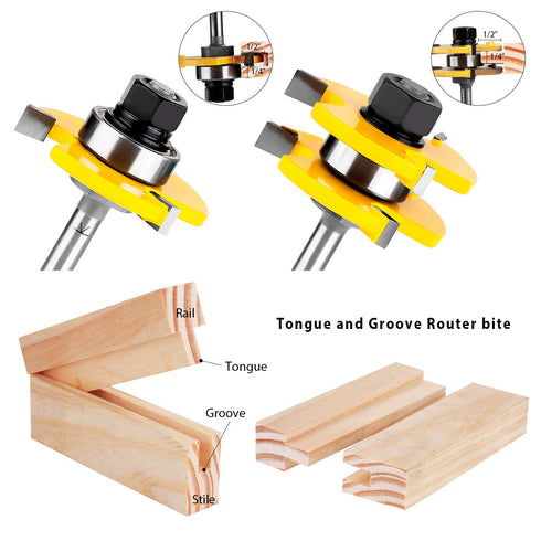 KOWOOD Tongue and Groove Set of 2 Pieces 1/4 Inch Shank Router Bit 3 Teeth Adjustable T Shape Wood Milling Cutter...