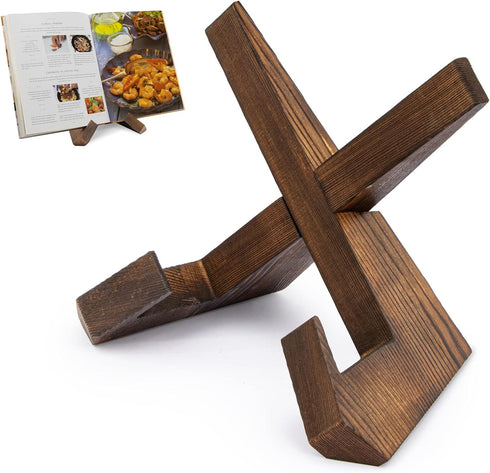 PUERSI Cookbook Stand for Kitchen, Recipe Book Holder for Kitchen Counter, Wooden Cookbook Holder, Rustic Cook Book Holder Stand - Rustic Brown...