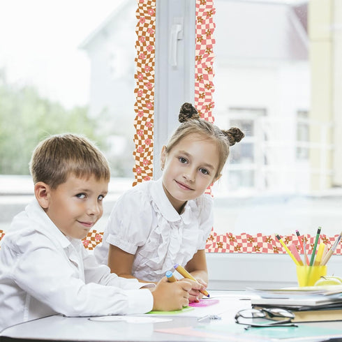 Whaline 98.4ft Retro Groovy Bulletin Board Borders Pink Brown Checkered Flower Die-Cut Rolled Bulletin Board Trim for School Classroom Office Chal...