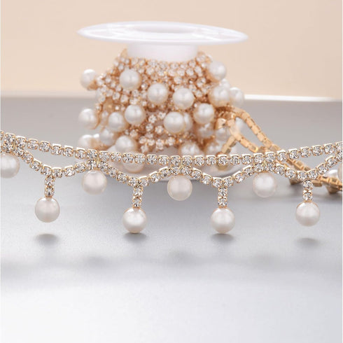 Jerler 1 Yard Pearl Tassel Rhinestone Trim, Inlaid Pearl Beaded Chain, Crystal Applique Ideal for DIY and Wedding Party Decoration Bridal Embellis...