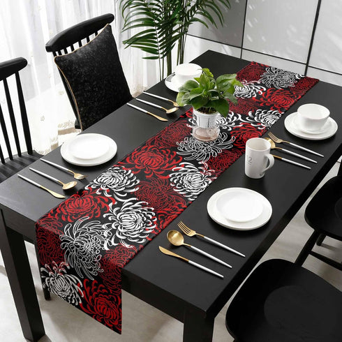 Floral Table Runner-Red Black White Cotton linen-Long 72 inche Dresser Scarves,Flower Tablerunner for Kitchen Coffee/Dining Table Bedroom Home Liv...