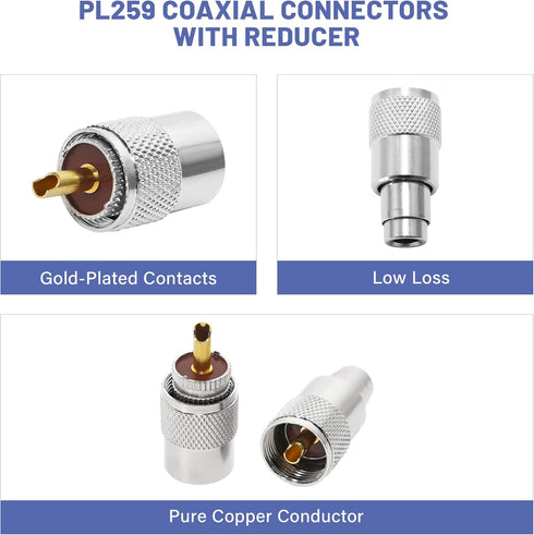 Anina PL259 Coaxial Connectors UHF Male Solder Connector Plug with Reducer for RG8 RG59 RG8x LMR-400 RG-213 Coaxial Cable Ham Radio Antenna Connec...