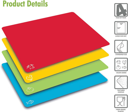 Better Kitchen Products Extra Thick Flexible Plastic Cutting Board Mats, Set of 4, Color Coded with Food Icons, Waffle Back Grip Underside...