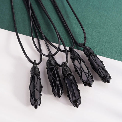 Black Obsidian Healing Crystal Points Necklace Adjustable Rope Hexagonal Wrapped Braided Stone Pendant Necklace Handmade Gemstone Jewelry for Men ...