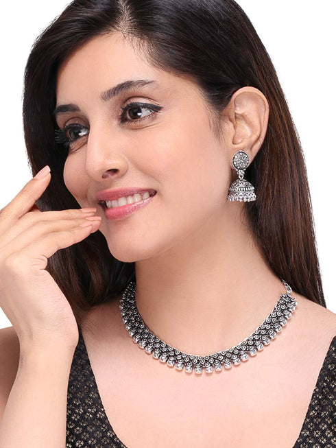 Antique Silver Oxidized Ethnic Indian Traditional Party Wear Statement Necklace Set with Jhumka Earrings Jewelry for Women...