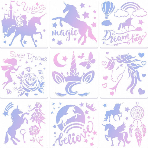 9 Pieces Unicorn Stencils Painting Templates Craft for Arts Card Making Journal Scrapbooking DIY Furniture Wall Floor Painting on Wood Fabric (12 ...