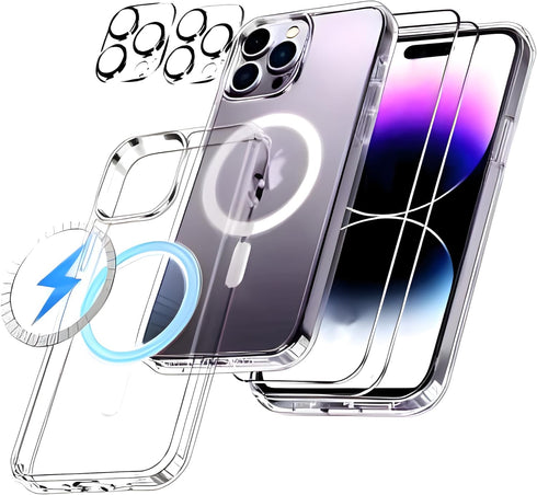 3 in 1 Combo Clear TPU PC Hard Magnetic Cover 9H Tempered Glass Camera Lens Screen Protector Ultimate Protection Kit for I Phone 15 All Models (iP...