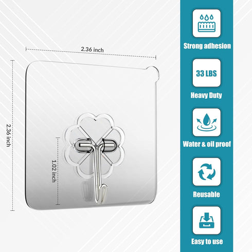 Wall Hooks 33lb(MAX) Heavy Duty Self Adhesive Hooks 10 Pack,Waterproof and Oilproof,Transparent Seamless Hooks Strong,Suitable for Bathroom Kitche...