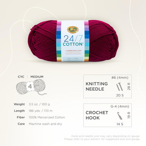 Lion Brand Yarn Lightweight 24/7 Cotton Yarn for Knitting, Crocheting, and Crafts, Magenta, 1 Pack...