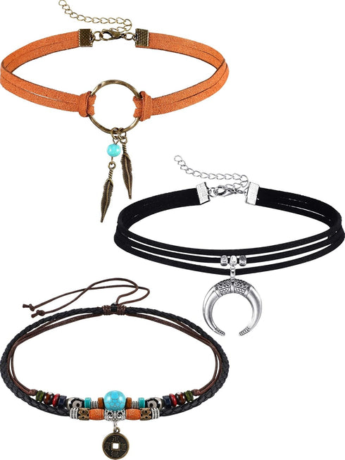 Hicarer 3 Pieces Suede Choker Necklaces American Indian Feather Handmade Necklaces Adjustable Leather Turquoise Choker Necklace Moon Crescent Pend...