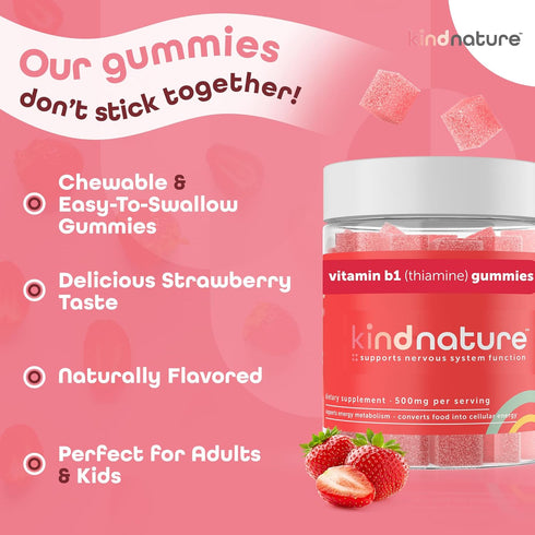 Kind Nature Vitamin B1 Gummies - Chewable Thiamine 500mg per Serving - Non GMO, Vegan, Natural Strawberry Flavor Thiamine B1 Supplement for Adults...
