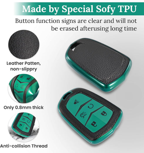 for Cadillac Key Fob Case with Leather Keychain, Advanced Soft TPU Surface Grain Car Key Cover for 2015-2019 Cadillac Escalade CTS SRX XT5 ATS STS...