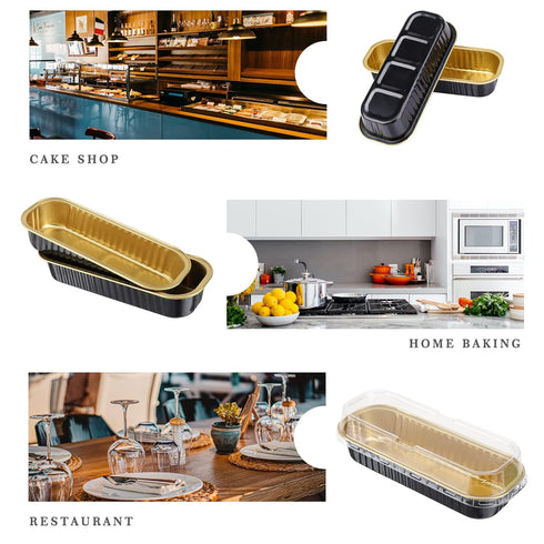 EUSOAR Creme Brulee Ramekins, 25pcs 6.8oz 6.5"x2.5"x1.2" Aluminum Foil Black Gold Baking Cups Pan Tin with Lids, Rectangle Disposable Ramekins Cup...