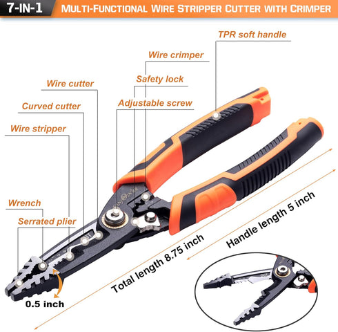 7-in-1 Wire Stripper Tool, Wire Stripper Cutters, Wire Stripper Crimper Pliers Electrical Stripping Tool for Electric Cable Stripping Cutting and ...