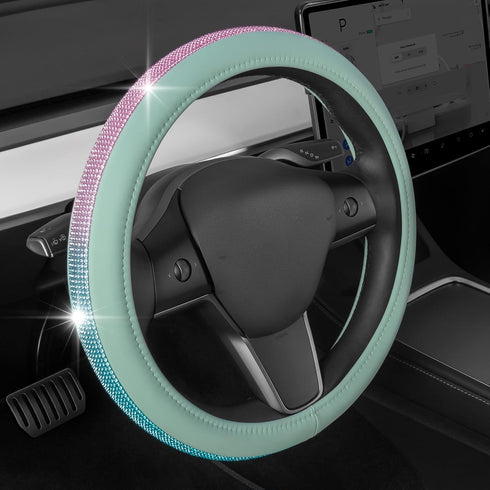 Mint Green Diamond Bling Steering Wheel Cover, Standard 15 Inch Size Fits Most Vehicles, Cute Faux Leather Car Steering Cover with Rhinestone Crys...