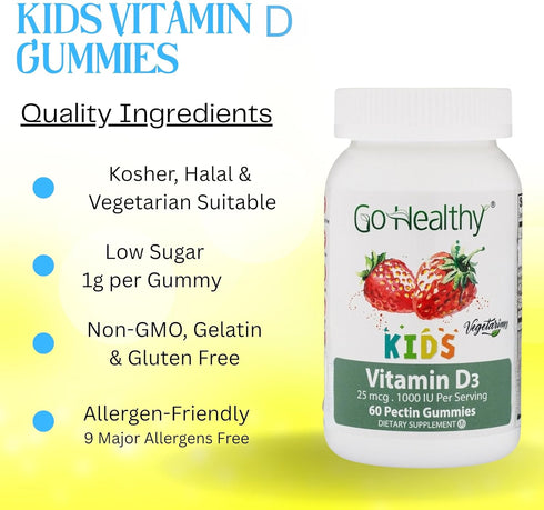 Go Healthy Vitamin D Kids Gummies, Kids Gummy D3, Immune Support, Toddler Vitamin D Gummies – Kosher, Halal, Non-GMO, Gluten-Free, Delicious Fruit...