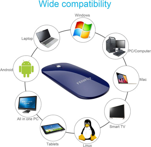 FENIFOX Bluetooth Mouse Slim, Whisper-Quiet Mini Flat Portable Mobile Mice Rechargeable Compatible with Laptop,PC,Android Windows Tablet (Deep Blu...