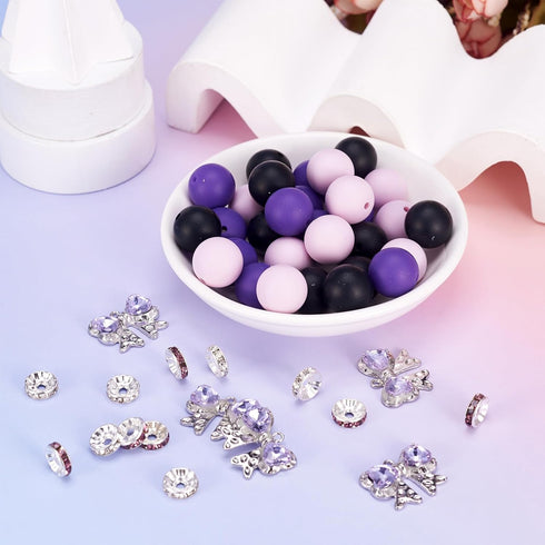 Magibeads 30Pcs 15mm Black and Purple Round Silicone Focal Beads Keychain Making Kit with Bowknot Rhinestone Spacer Beads for Crafts DIY Beadable ...