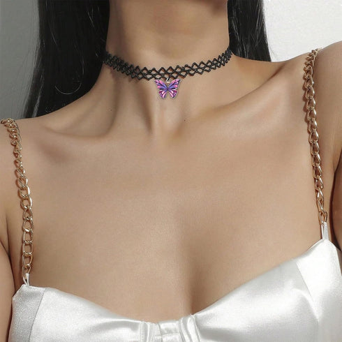 MIFYNN Black Lace Choker Necklace for Women Boho Colourful Butterfly Choker Purple Pink Butterfly Charm Necklace Stretch Lace Pendant Necklace 80s...