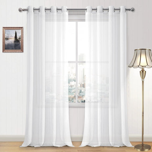 DWCN White Sheer Curtains, Faux Linen Look Grommet Window Semi Sheer Curtains Drapes for Bedroom Living Room Set of 2 Panels, 52 x 90 Inch Long...